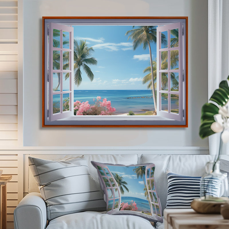 Vue sur l'océan tropical à travers une fenêtre blanche ouverte - art mural sur toile côtière, H 24 po x l 32 po, Brun