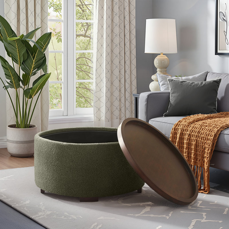 Caysey 30.1" W Upholstered Round Storage Ottoman with Wooden Tray, Dark Green