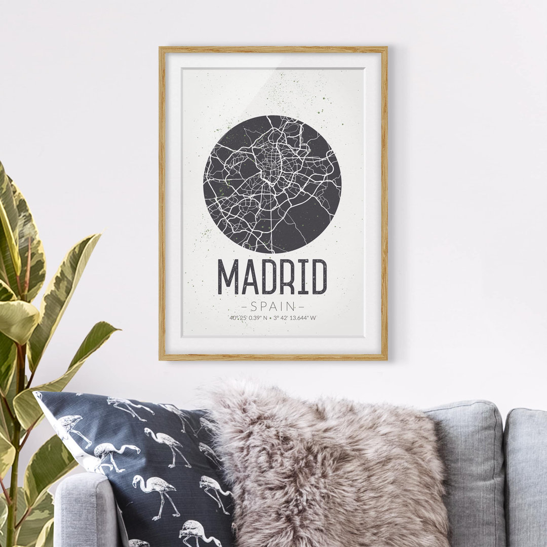 Gerahmtes Papierbild Stadtplan Madrid - Retro