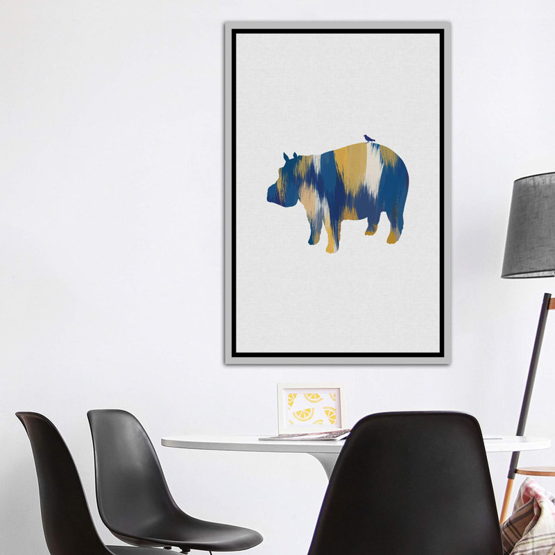 Hippopotame bleu et jaune - impression d'art graphique, H 60 po x l 40po x P 1,5 po, Toile encadrée argentée