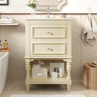 Meuble-lavabo de 20 po avec lavabo en céramique, armoire de rangement avec tablette ouverte, armoire de salle de bain rétro avec 2 tiroirs