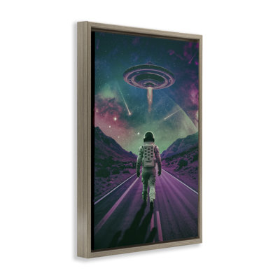 Vaisseau spatial extraterrestre au-dessus d'un cadre flottant astronaute, design par Wumples