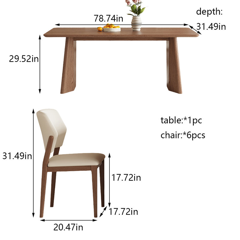 Combinaison de chaises de table en bois massif de style ancien, H 29,52 po x L 78,74 po x l 31,49 po