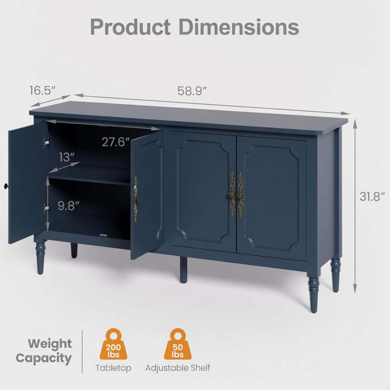 Buffet vintage rétro Mid-Century avec rangement réglable, Blue