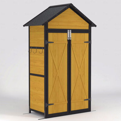 Outdoor Storage Cabinet Weatherproof Wood Storage Shed With Waterproof Roof Lockable Doors Removable Shelves Foldable Table Hooks 69 Inches Garden Tool Shed