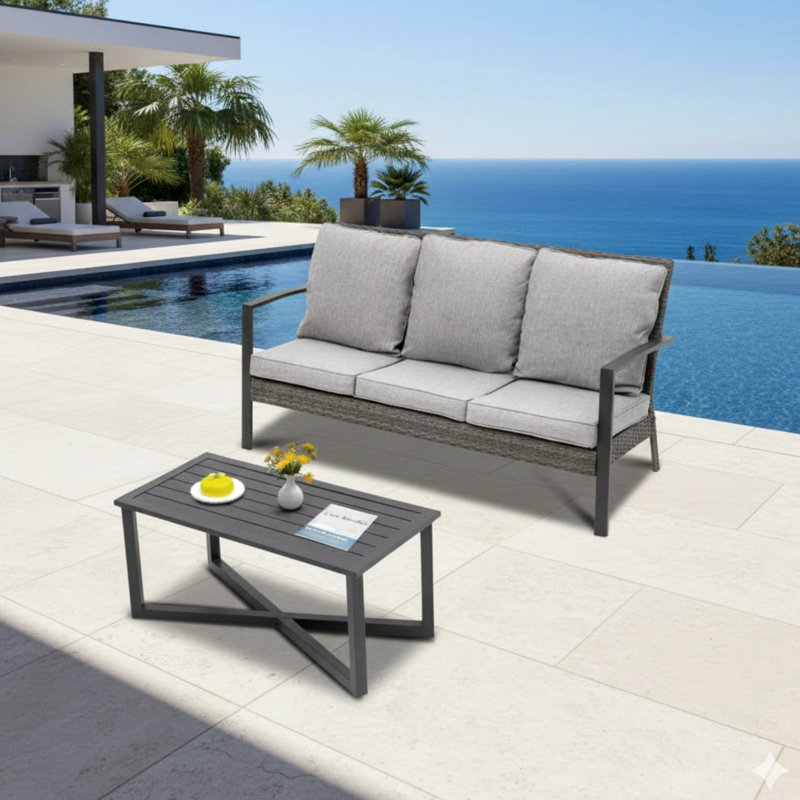 Ensemble de conversation de patio en osier 2 pièces avec coussins gris et table basse, Gris