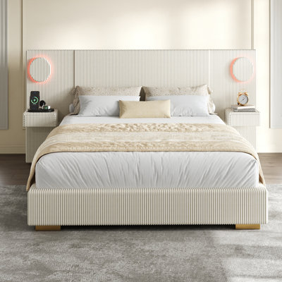 Upholstered Platform Bed with LED Lights, USB  Ports and  Drawers on Headboard