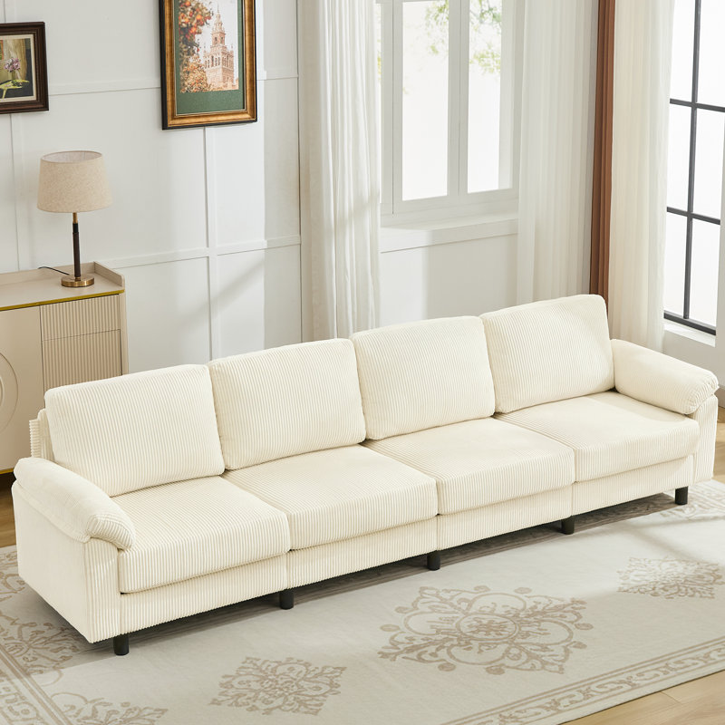 Canapé modulaire en velours côtelé 4 places avec rangement caché et repose-pieds amovible, Blanc