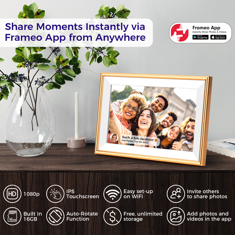 Frameo 10.1" WiFi ELIME Digital Picture Frame - Auto Rotate - Free Unlimited Storage, Micro SD Slot, Champagne Gold