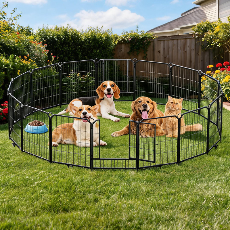 Parc pour chien pliable en acier à 16 panneaux avec porte verrouillable et piquets – Parc d'exercice extensible pour une utilisation intérieure et extérieure, jardin, VR, camping – Clôture pour animaux de compagnie pour chiens de petite et moyenne taille