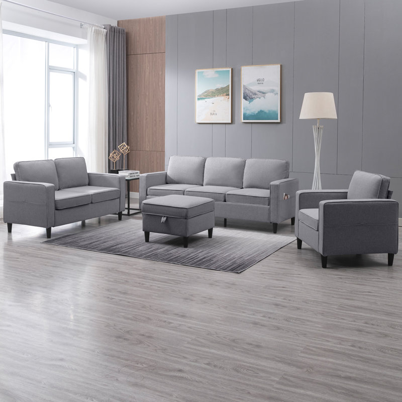 Ensemble de salon modulaire 4 pièces avec repose-pieds avec rangement, canapé modulaire rembourré et causeuse pour petits espaces, mélange de lin gris clair