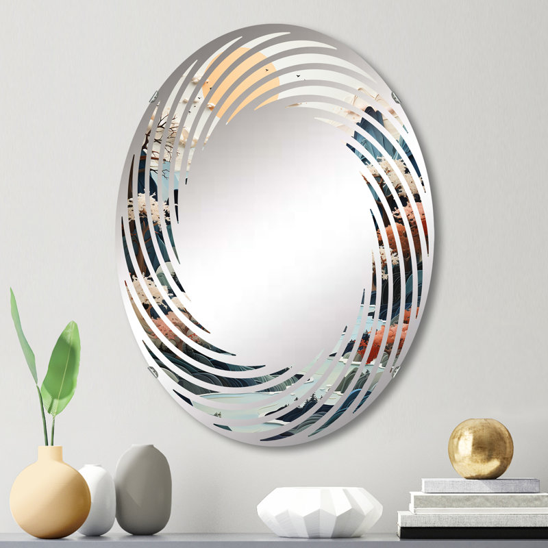 Minimalisme, rivière japonaise, paysage de montagne - miroir mural en spirale | Ovale, 29,5 po x 19,6 po