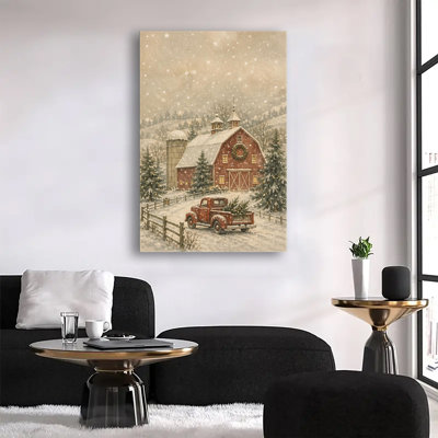 Grange rouge enneigée et camionnette vintage ornée d'une couronne de Noël - Aquarelle sur toile pour une décoration de Noël champêtre