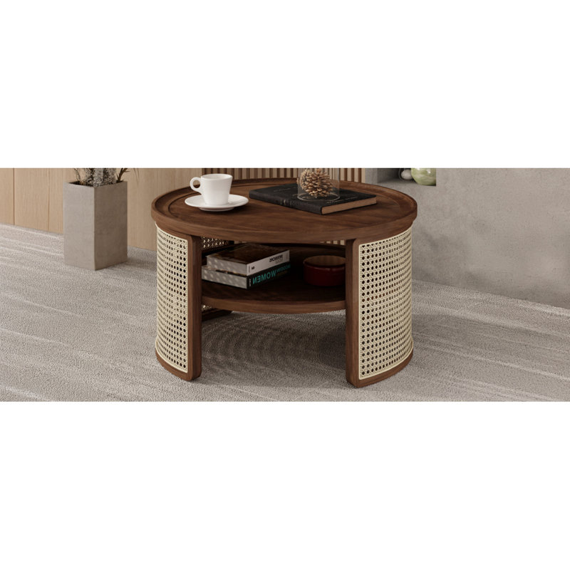 Table basse ronde en rotin avec rangement, Bois de noyer