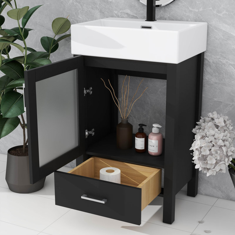 Meuble-lavabo de 20 po avec lavabo en céramique et beaucoup de rangement, Noir
