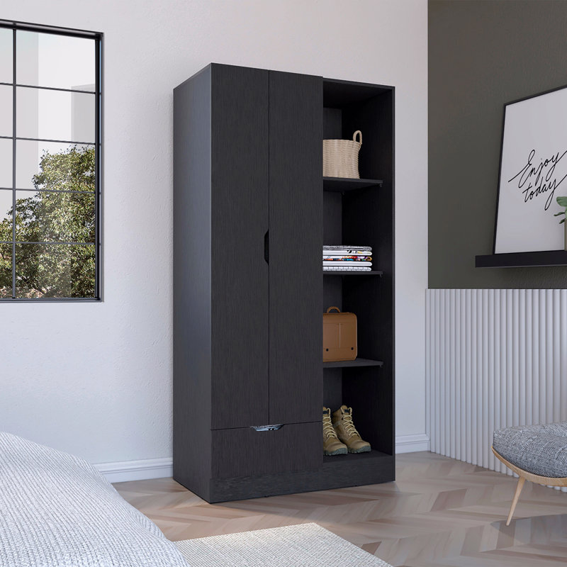 Armoire 71H "avec 1 tiroir et 4 tablettes ouvertes à 2 niveaux, 2 portes, Noir