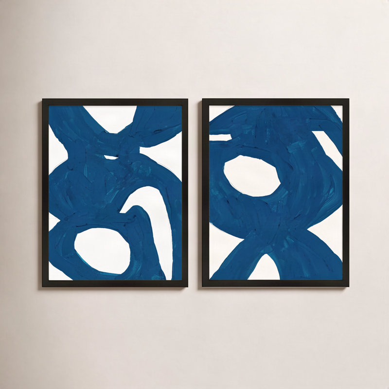 Blue Harmony 1 and 2 by Andrea Stokes - 2 Piece Picture Frame Print Set, 30" H x 48" W x 1.375" D, Black