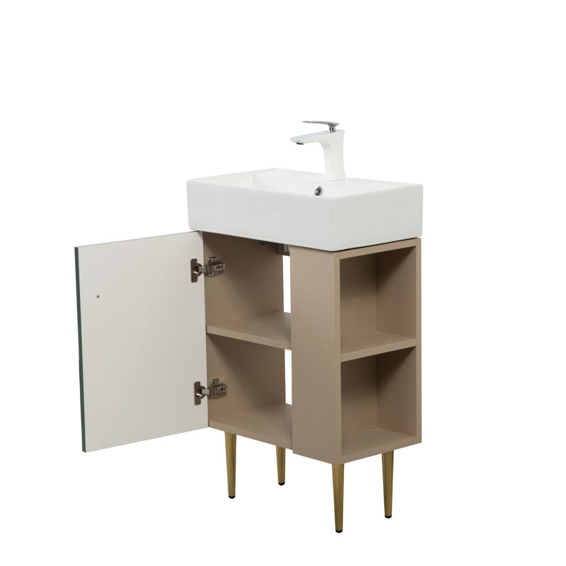 Base de meuble-lavabo de 21,6 po, conception de tablette ouverte, fabriquée en bois massif et en céramique, portes d'armoire à fermeture en douceur, revêtement imperméable, détails dorés élégants à droite, fermeture en douceur silencieuse, pieds enduits