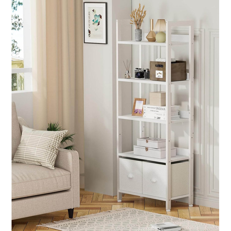 5-Tier Bookshelf, Tall Bookcase With 2 Storage Drawers, White