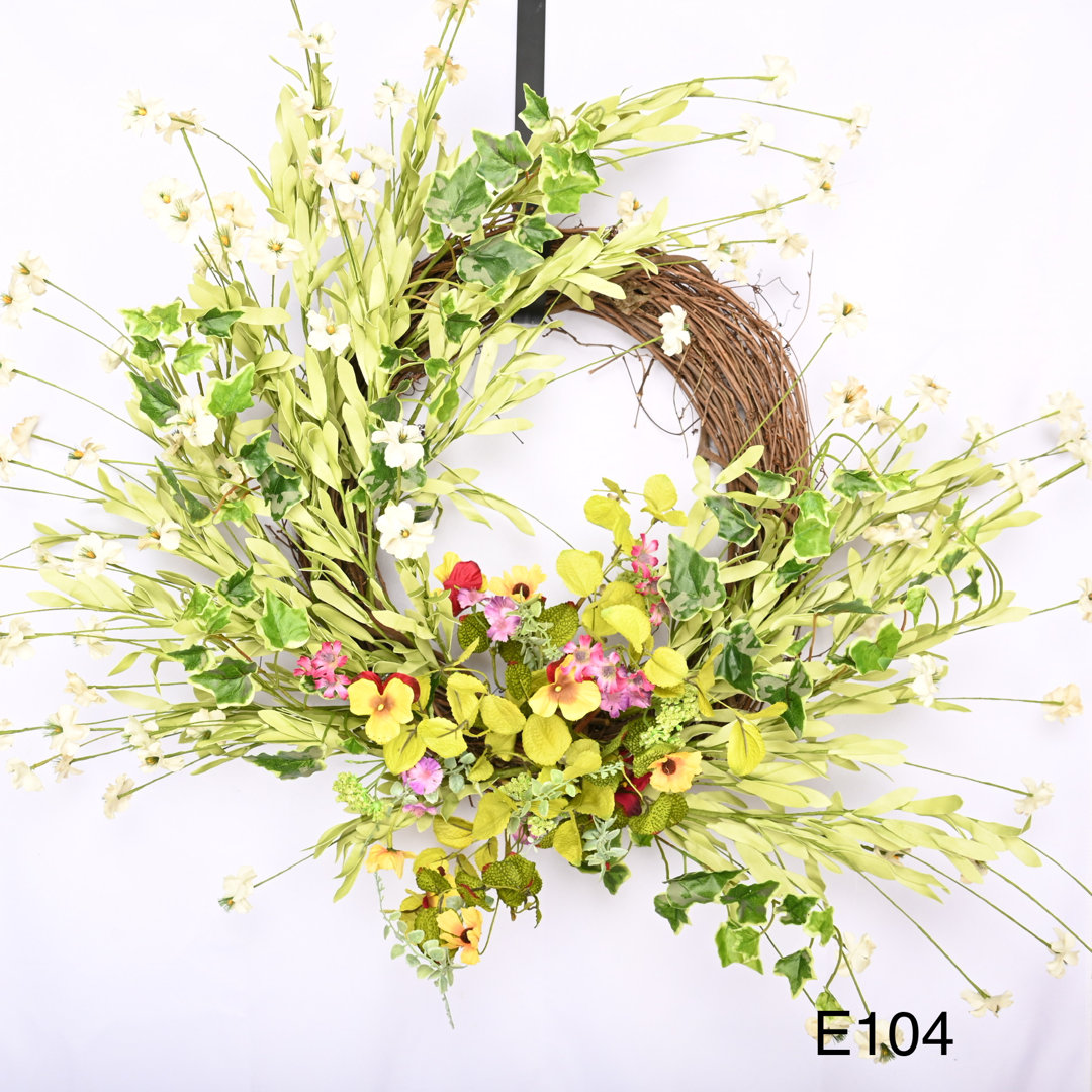28" Spring Summer Front Door Wreath with Pansy Daisy Blossoms Cluster Primrue