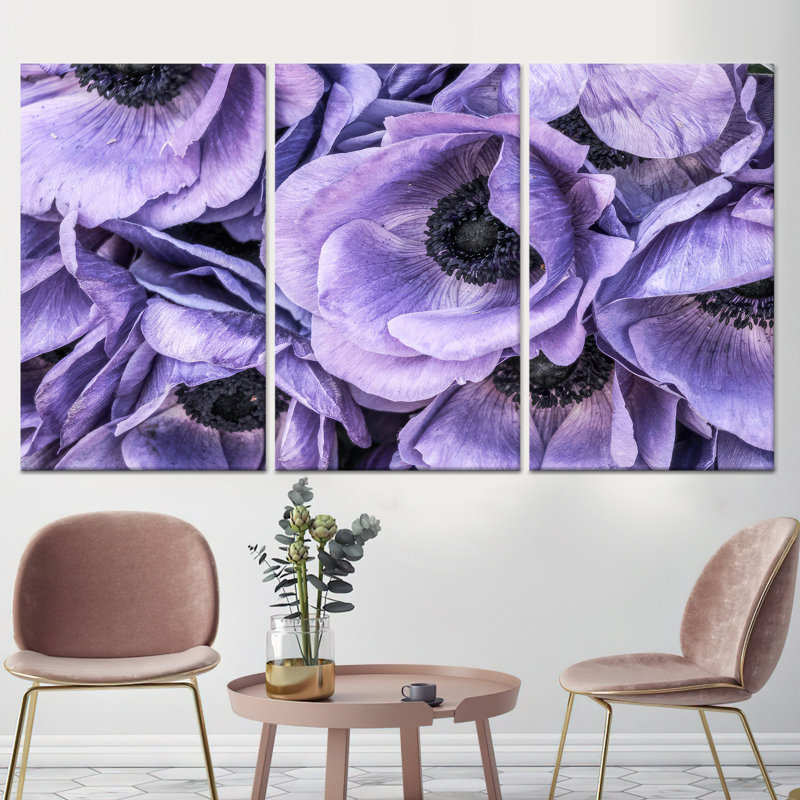Art moderne sur toile imprimé d'une fleur d'anémone mauve moderne, élégante décoration murale, toile tendue 3P