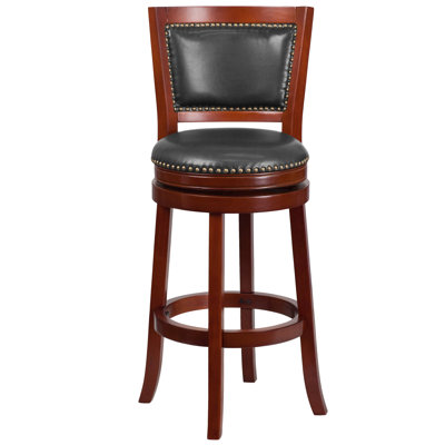 Tabouret de bar haut en bois avec dossier à panneau ouvert et siège pivotant en LeatherSoft