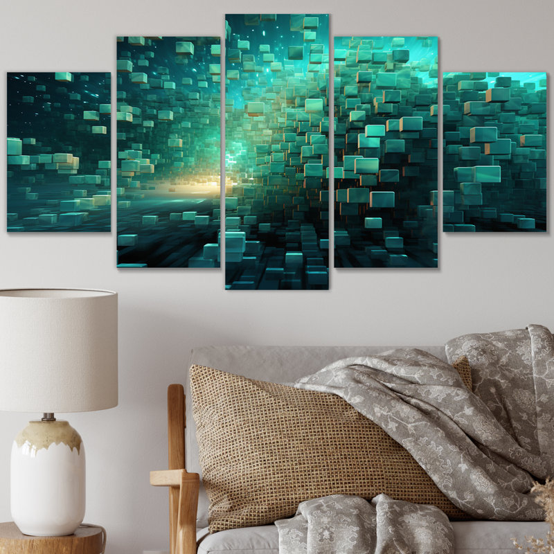 Matrix galaxie abstrait bleu profond et turquoise II - reproduction d'art sur toile abstraite - 5 panneaux