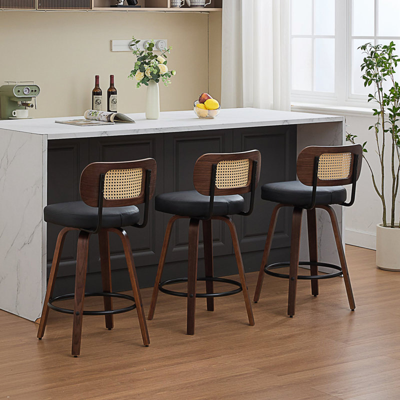 Ensemble de 3 tabourets de bar à hauteur de comptoir, tabourets à hauteur de comptoir en rotin avec dossier en canne, 3