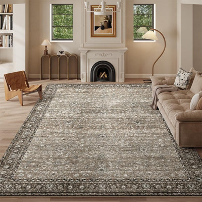 Tapis vintage gris-brun lavable, antidérapant, à poils courts, pour salon ou chambre.