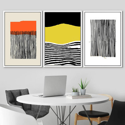 Abstract Vibrant Color Blocks Black/Yellow Line Art Abstract Boho Framed Canvas 3 Pieces Print Wall Art