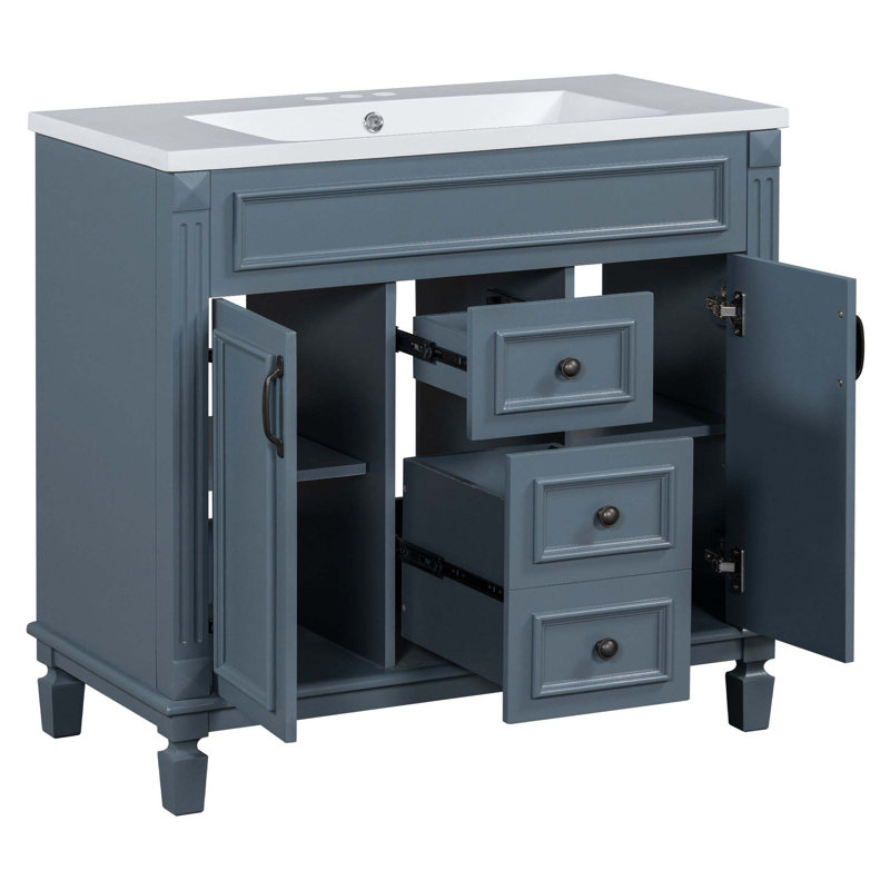 Meuble-lavabo moderne avec lavabo supérieur, 2 portes à fermeture douce et 2 tiroirs, Bleu