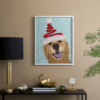«Christmas Golden Retriever and Spring Santa Hat», reproduction encadrée - bois massif