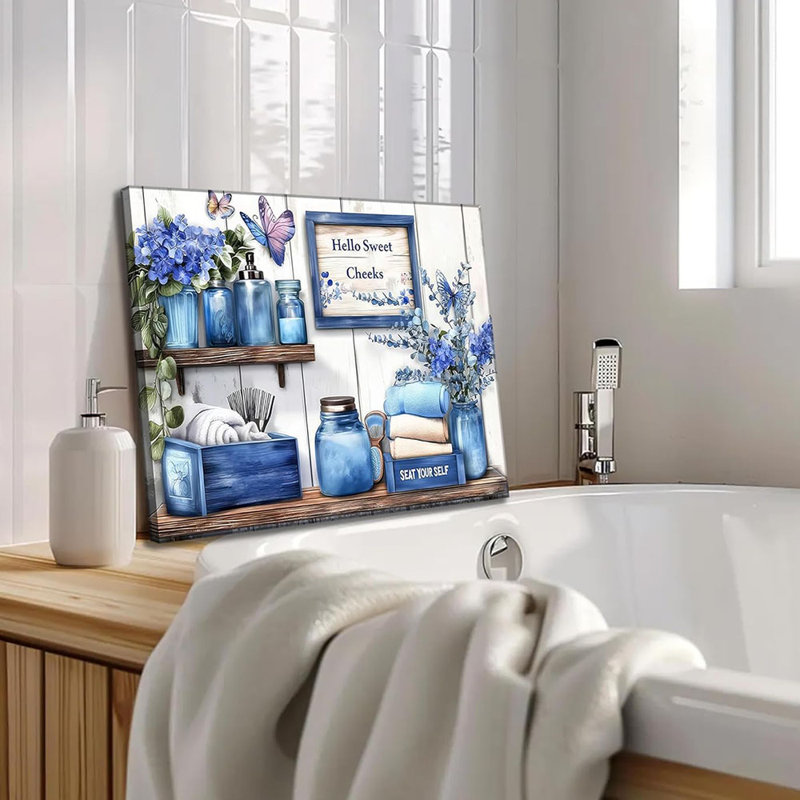 Navy Blue Farmhouse Bathroom Canvas Wall Art Blue Flowers And Butterflies Painting Picture Wall Decor Poster Print Artwork Toilet Washroom Restroom Home Decoration