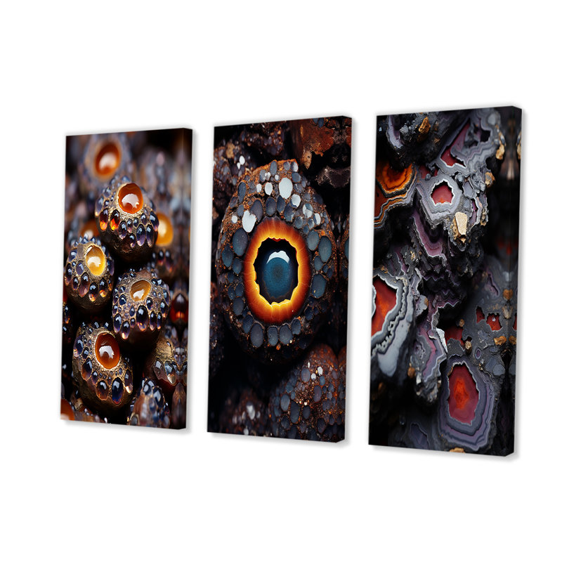 Ensemble de 3 reproductions d'art murales en géode noire et orange, Toile tendue, H 28 po x l 36 po
