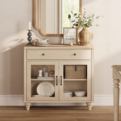 Buffet Scarlett avec portes vitrées, meuble de rangement de cuisine, table basse en bois avec rangement, buffet/crédence de style ferme moderne pour salle à manger ou salon, beige, 86 cm (34 pouces).