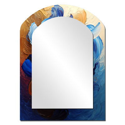 Modern Abstracy Waves Golden Harmony II - Waves Arch Wall Mirror, Blue Asymmetrical Decorative Mirror, Printed Metal Art