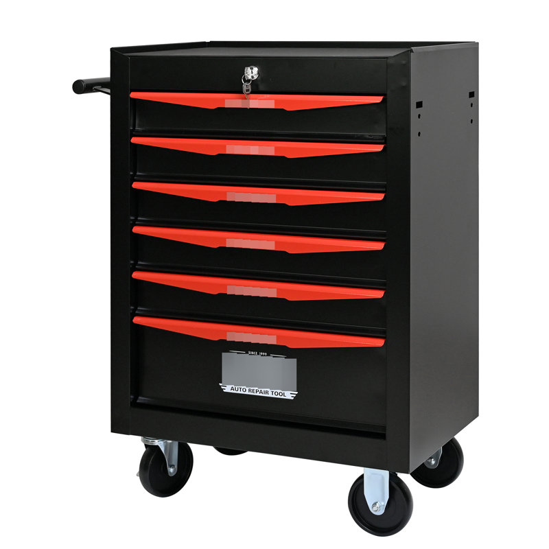 Boîte à outils noire et rouge avec glissières à roulement et base stable à 6 tiroirs, Noir / Rouge