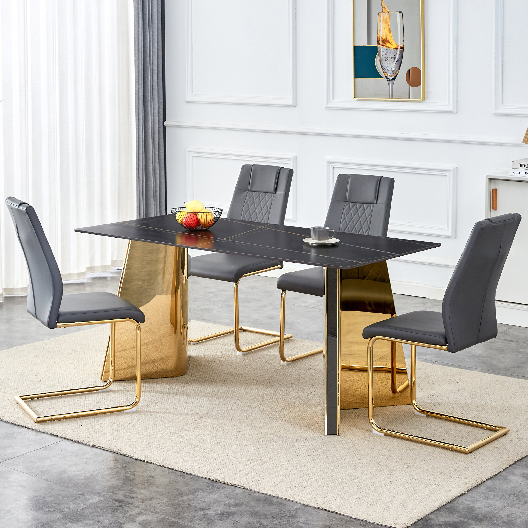 Everly Quinn "x31.5"x30" black texture sintered stone table with golden ...