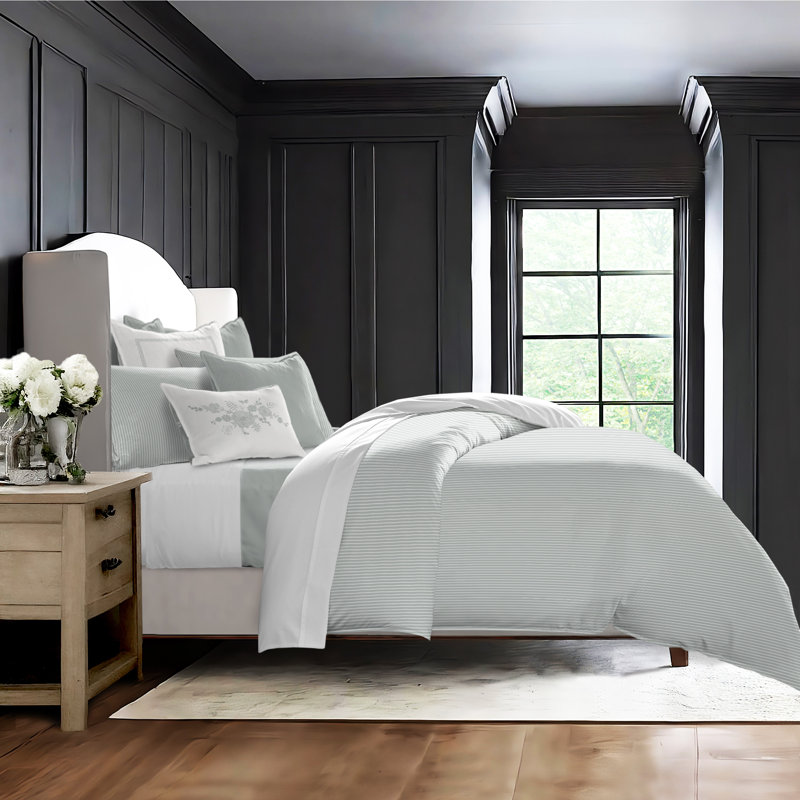 Ruben Stripe Reversible Cotton Duvet Cover Set, Cal.King Duvet Cover + 2 King Shams, Sage