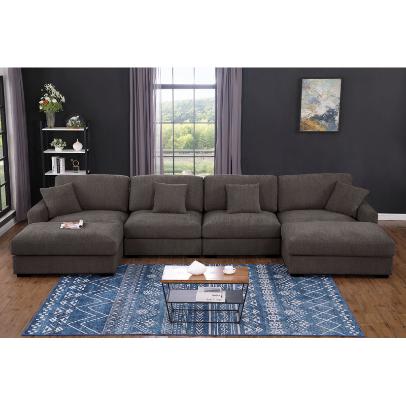 6 - Piece 168" U Shape Sectional Sofa Cloud Couch With Removable Ottomans, Dark Gray Chenille