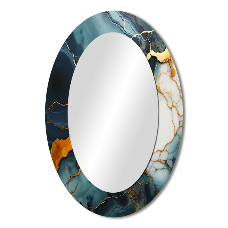 Gold And Green Serene Abstract Marble Dream I - Abstract Oval Decorative Mirror On Metal, 36" x 24"