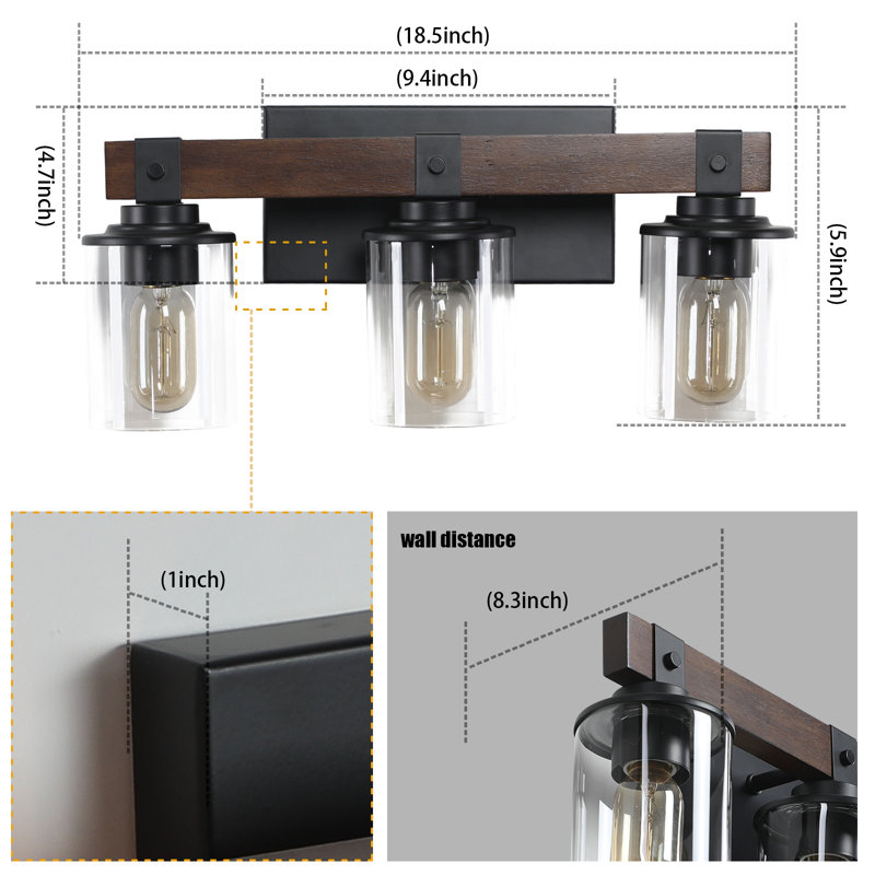 19'' 3-Light Rustic Farmhouse Vanity Light Wood Bathroom Wall Sconce Over Mirror with Glass Shades, 3