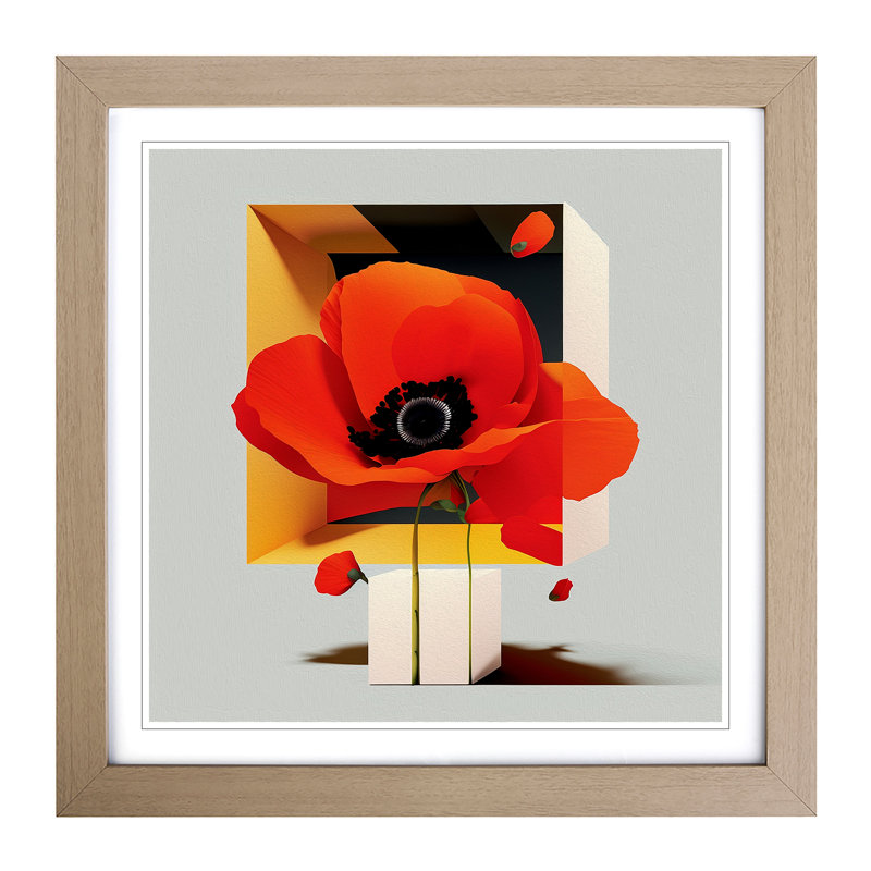 Poppy Flower Suprematism - Single Picture Frame Print on Wood, Oak