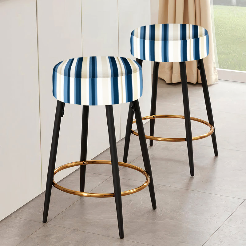 Ensemble de 2 tabourets de bar classiques à rayures élégantes beige et bleu Classic