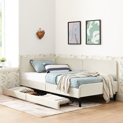 Lit simple ajustable beige avec 2 tiroirs de rangement, rembourré pour la chambre à coucher, conception moderne, confortable, lit en velours convertible en eucalyptus et de construction, structure douce et renforcée