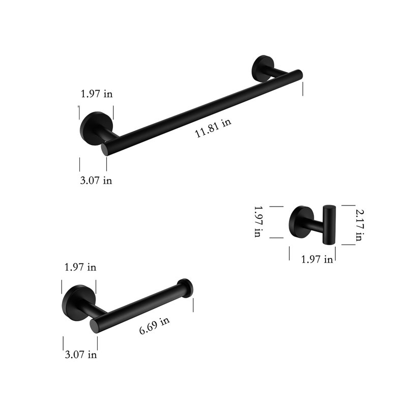 Sus304 Stainless Steel Bathroom Hardware 3 In Matte Black. Consists Of Towel Bar, Toilet Paper Holder, Robe Hook. Rustproof, Heavy-Duty, Scratch-. Modern Design. Easy Installation. Mounting Included