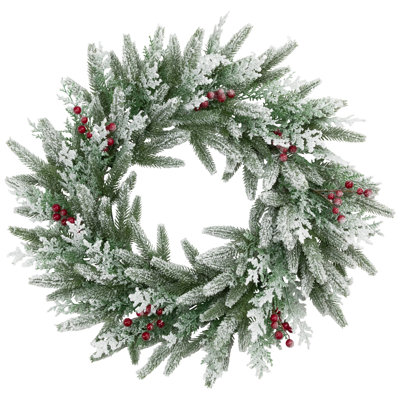 Couronne de sapin artificielle Real Flocked Wind River avec baies - 24 po - non éclairée