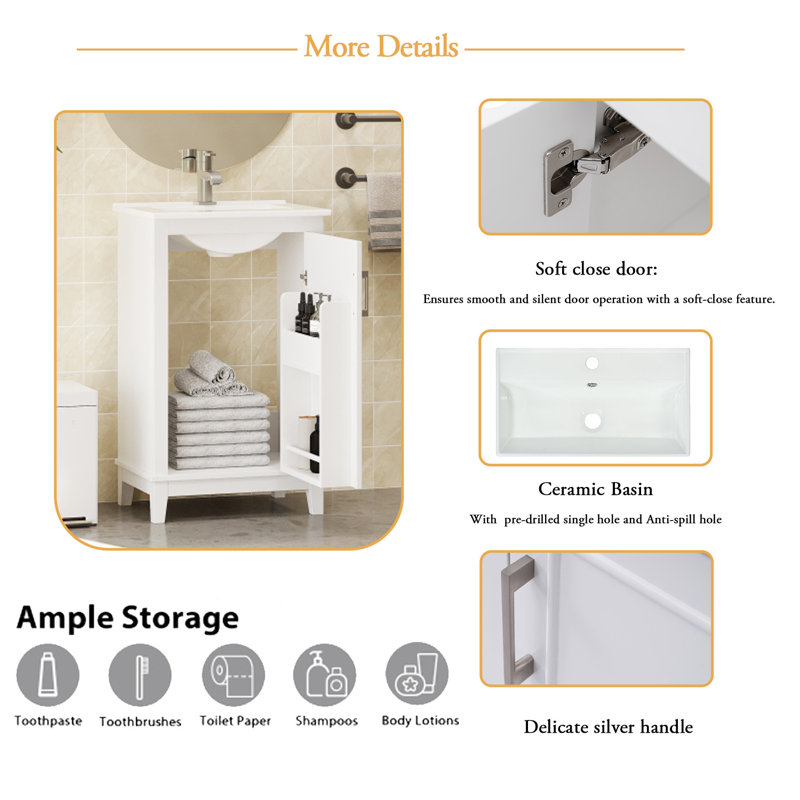 Meuble-lavabo simple 20 po avec plateau Makayla, Blanc