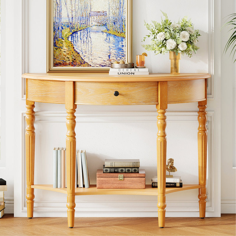 Console demi-lune avec tiroir et tablette, table d'appoint pour entrée, salon, couloir et vestibule, Natural