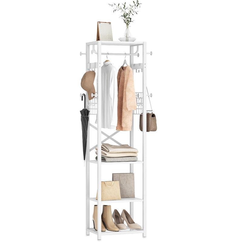 Coat Rack with Shelves, Freestanding Hall Tree, Coat Tree with 16 Hooks and Hanging Rail, Industrial Clothes Stand for Entryway, Hallway, Bedroom, (White)